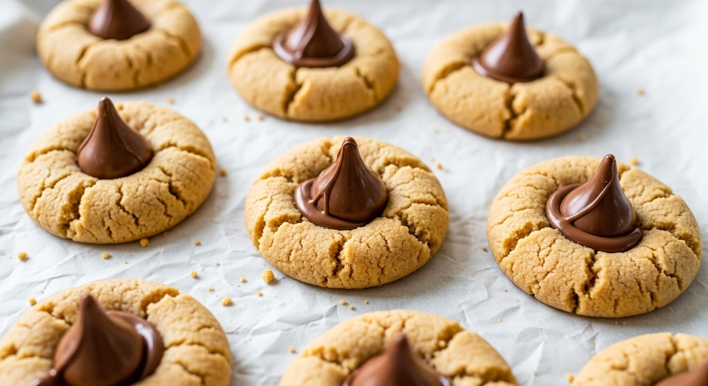 Easy Peanut Butter Blossoms freshly baked with chocolate kisses melting in the center.