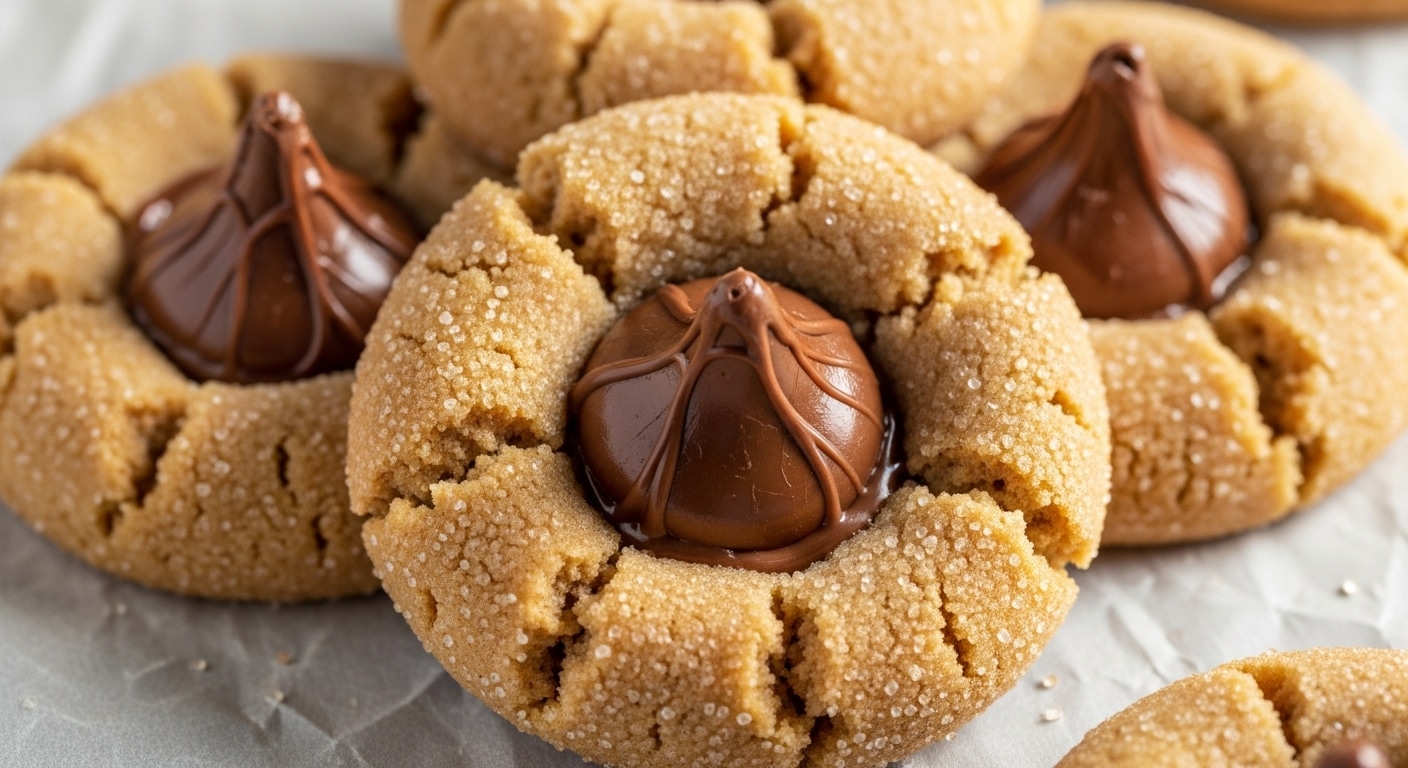 A plate of Easy Peanut Butter Blossoms arranged with chocolate kiss centers and a sparkling sugar coating