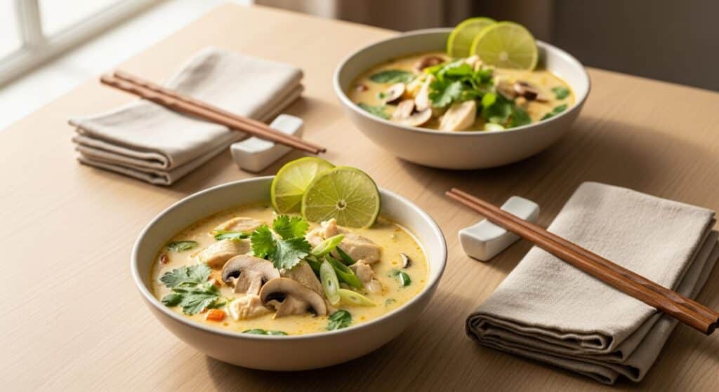 Bowl of creamy Easy Thai Chicken Soup with coconut milk, red curry, noodles, and fresh herbs.