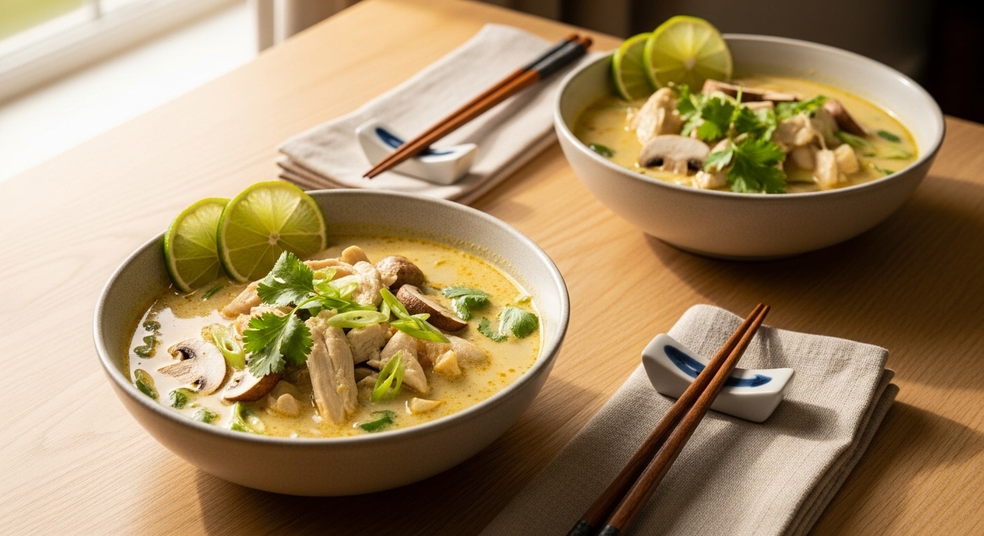 Bowl of creamy Easy Thai Chicken Soup with coconut milk, red curry, noodles, and fresh herbs.