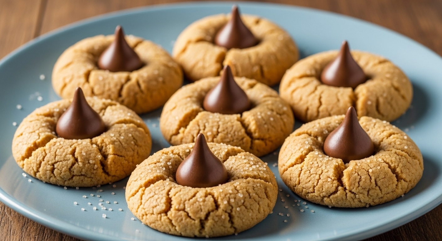 A plate of Easy Peanut Butter Blossoms arranged with chocolate kiss centers and a sparkling sugar coating.