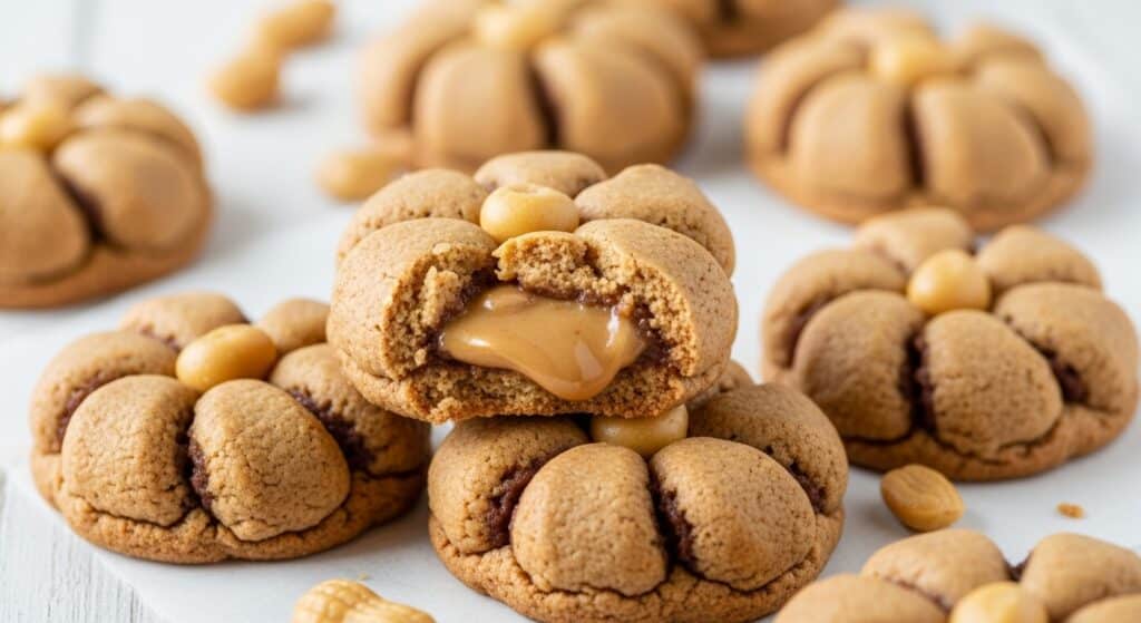Freshly baked Easy Peanut Butter Blossoms with sugar-coated edges and chocolate kiss centers.