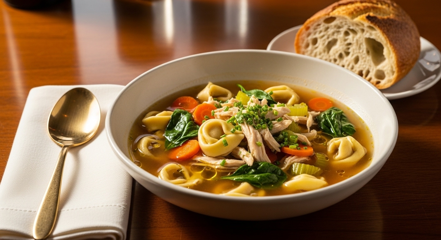 Bowl of Easy Chicken Tortellini Soup Recipe with chicken, vegetables, and cheese tortellini