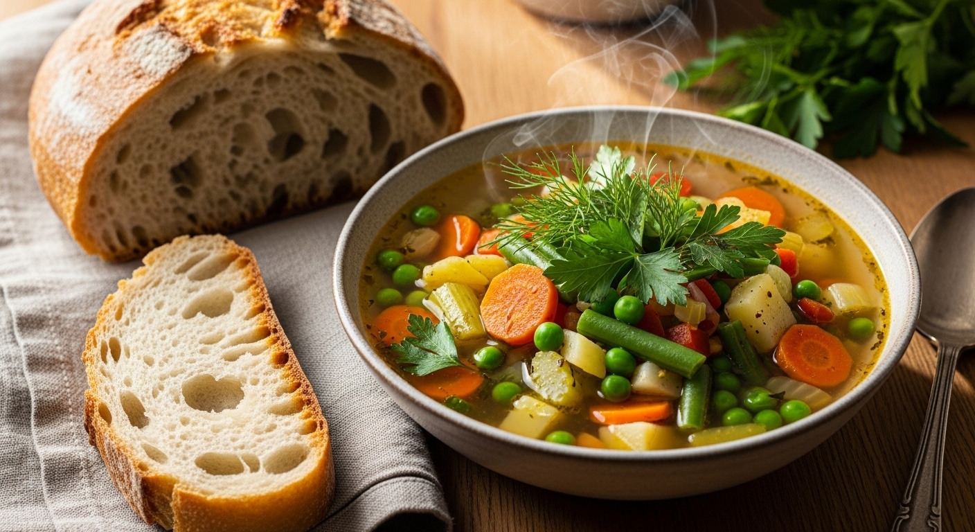 Bowl of hearty vegetable soup with potatoes, carrots, and green beans