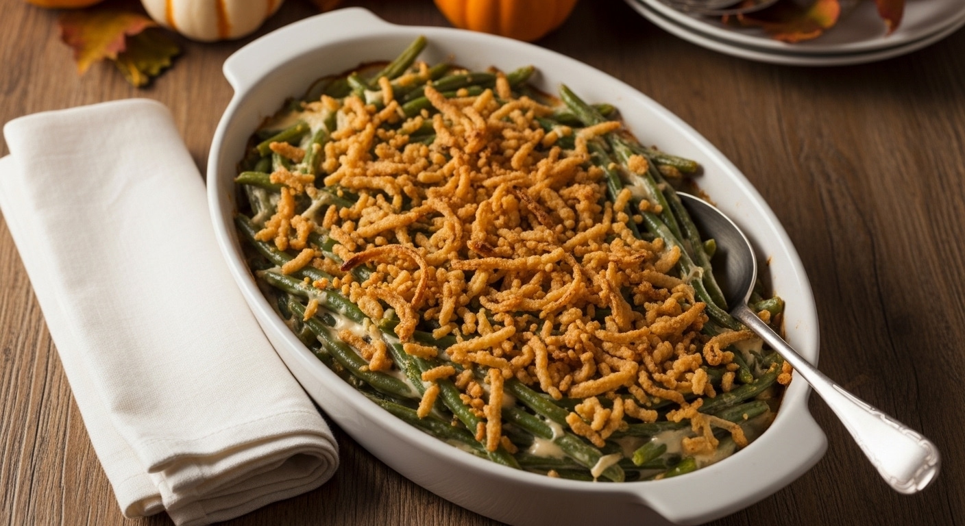 Southern Green Bean Casserole topped with golden fried onions ready for Thanksgiving