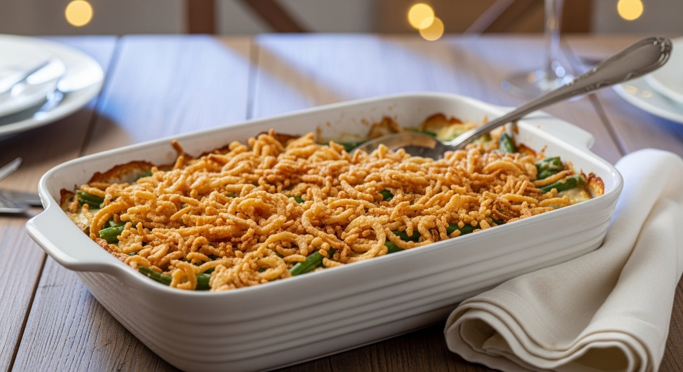 Baked easy Green Bean Casserole with creamy sauce and crispy fried onions on top.