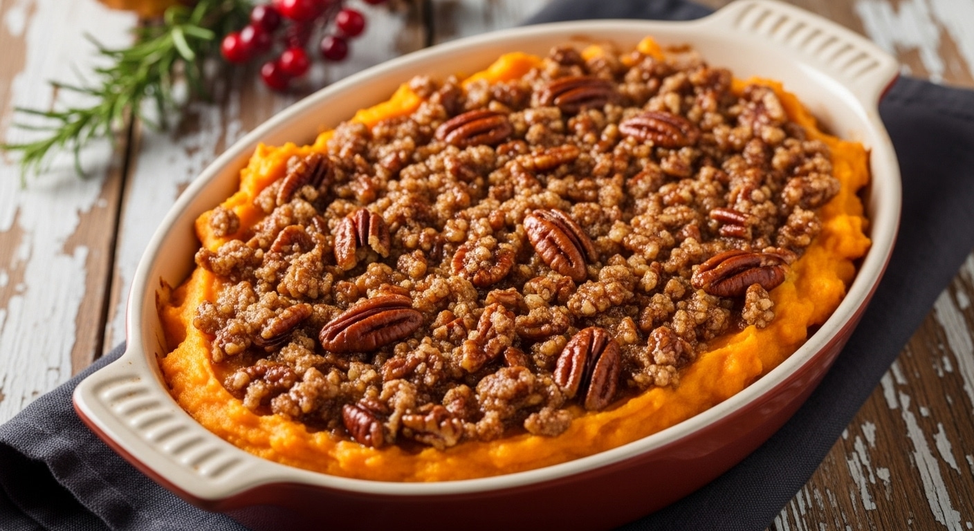 Creamy Sweet Potato Casserole with optional crumble topping and Christmas spices.