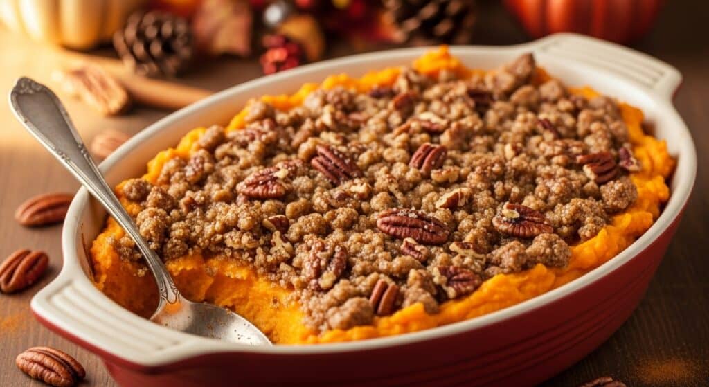 Creamy Sweet Potato Casserole with optional crumble topping and Christmas spices