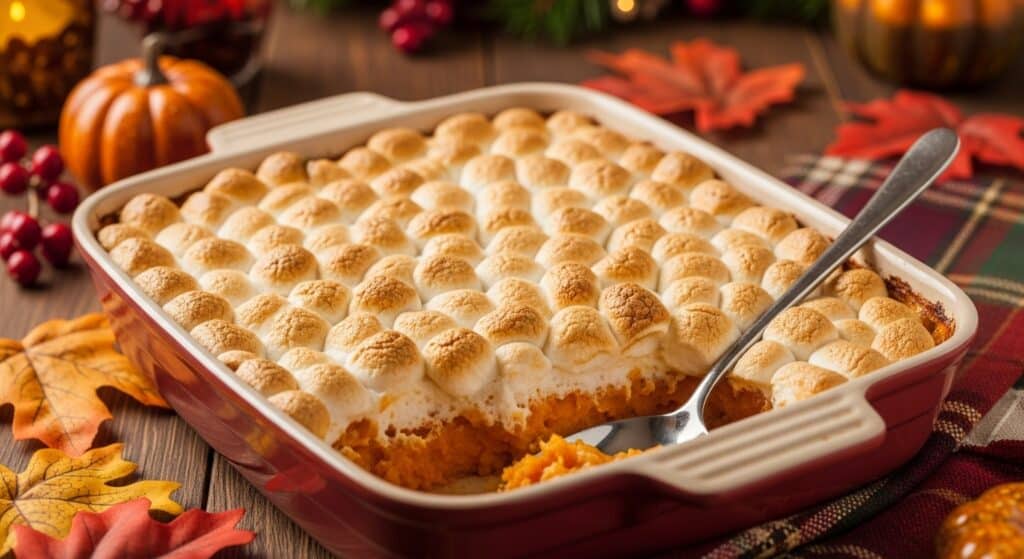 Sweet Potato Casserole With Marshmallows baked until golden, featuring candied sweet potatoes, sliced sweet potatoes with marshmallows, and classic yams with marshmallows for a holiday side dish