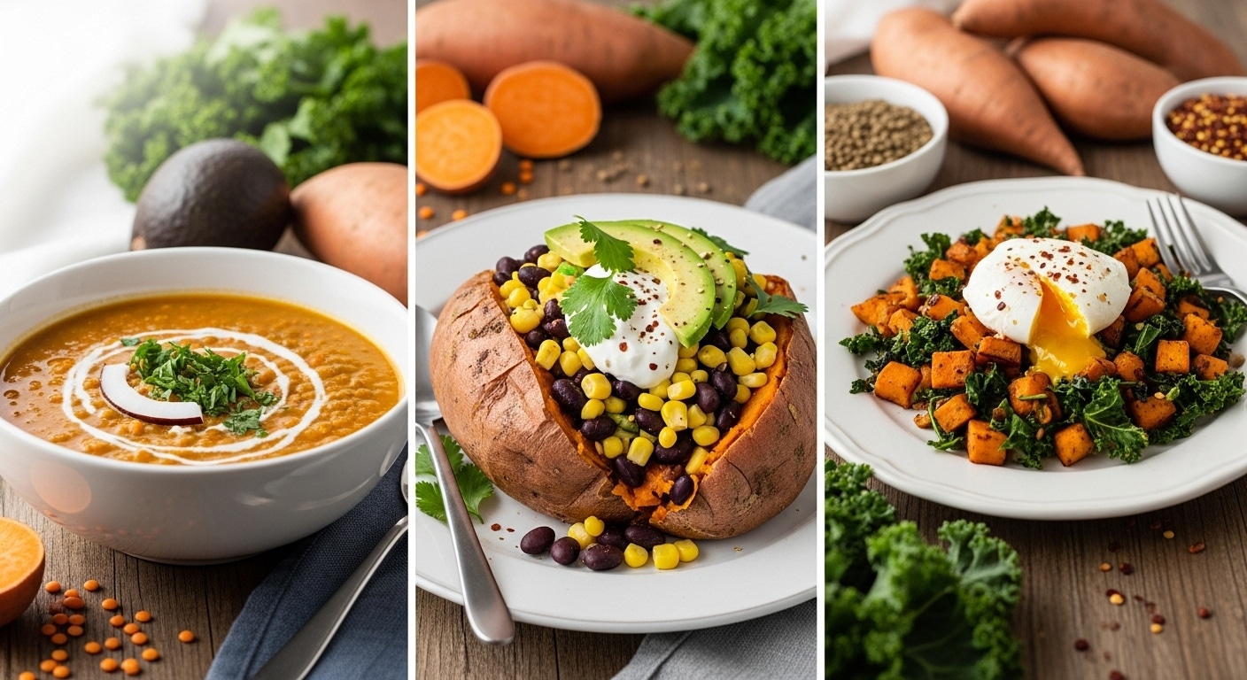 Healthy sweet potatoes recipes sliced open with cinnamon and thyme seasoning