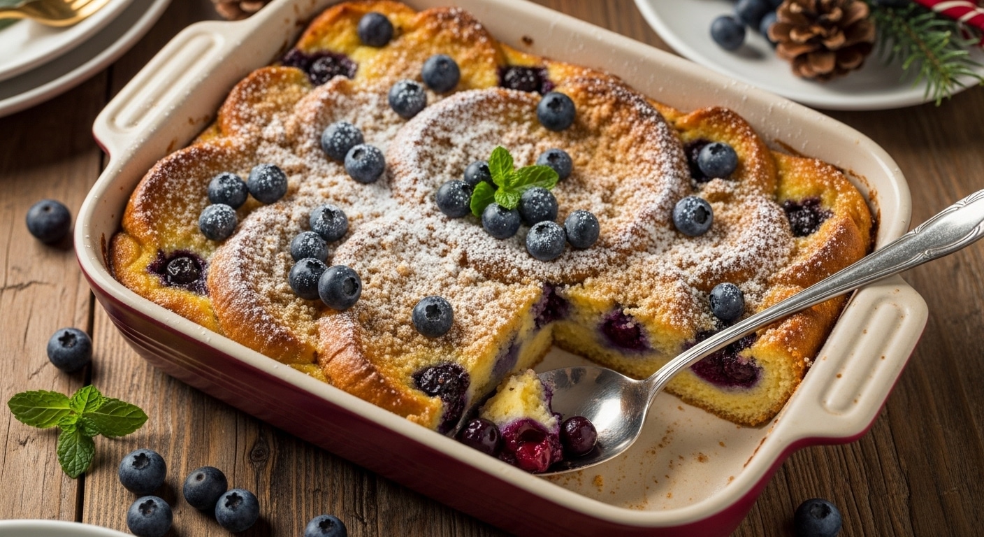 Slice of Best Blueberry French Toast Casserole with streusel and fresh blueberries on a white plate