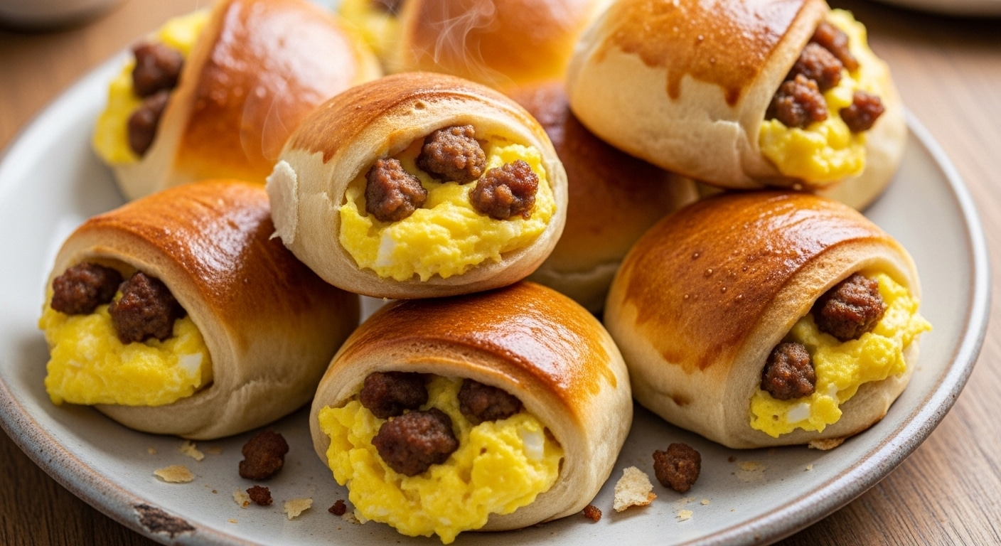 Sausage and egg breakfast roll cut in half showing scrambled eggs, melted cheddar cheese, and turkey sausage inside crescent roll