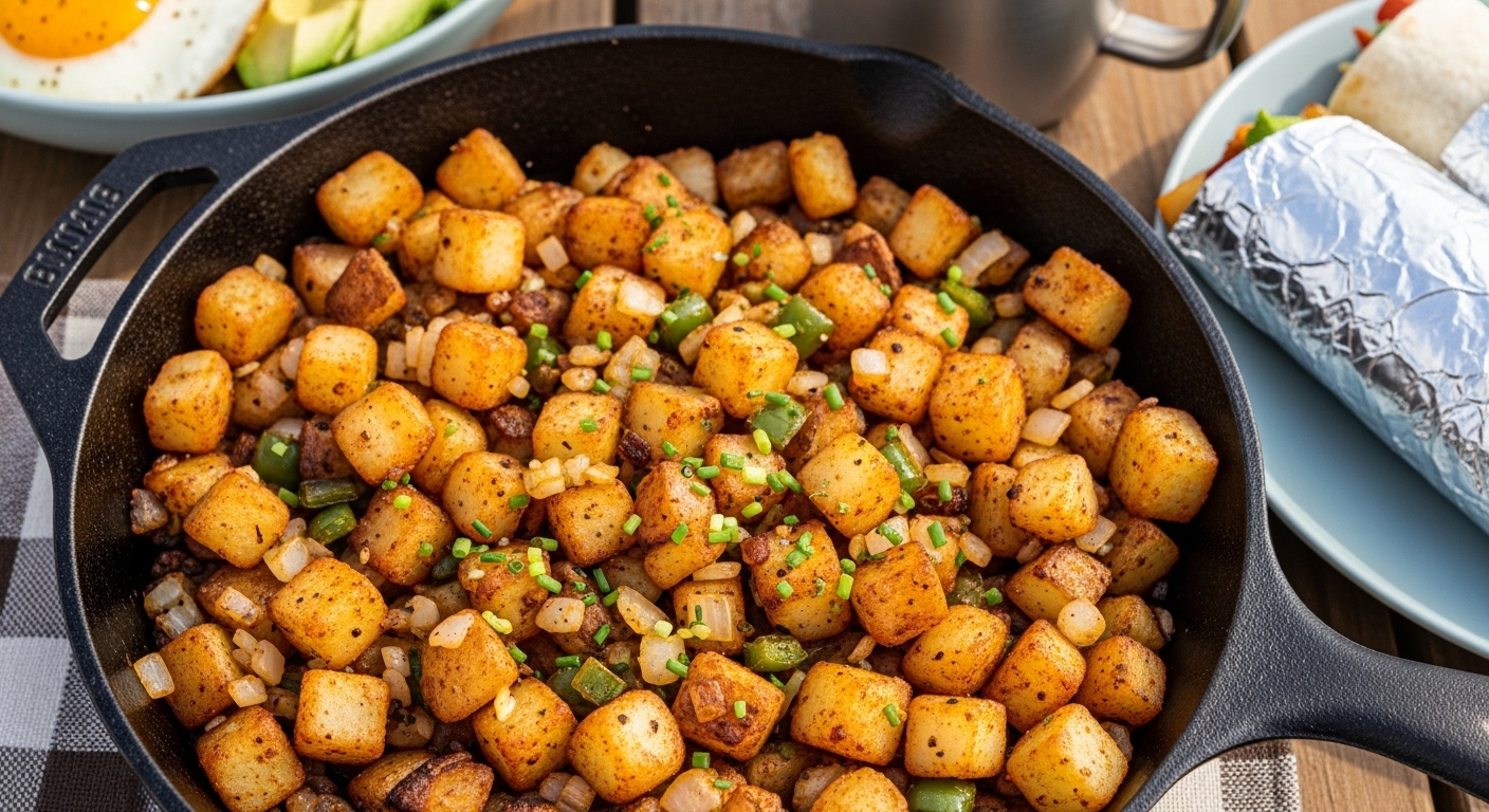 Crispy homemade Easiest Breakfast Potatoes Ever in a skillet with herbs.