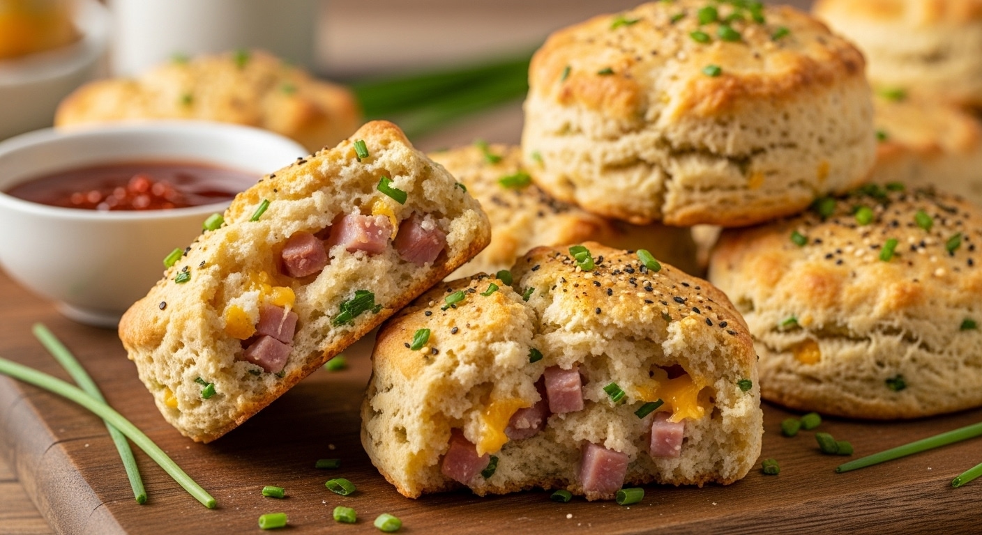 Stack of Breakfast Protein Biscuits split open to show flaky interior and melted cheese (14g protein each).
