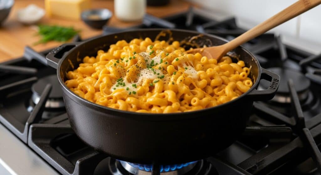Stovetop Mac And Cheese Recipe with rich melted cheese and elbow pasta.