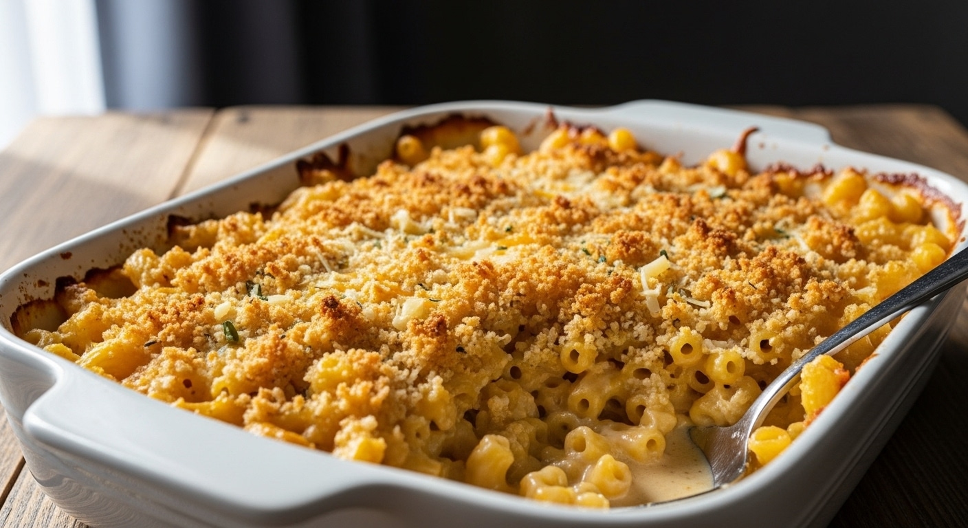 Creamy homemade Delicious Macaroni and Cheese Casserole topped with cheddar and optional breadcrumbs.