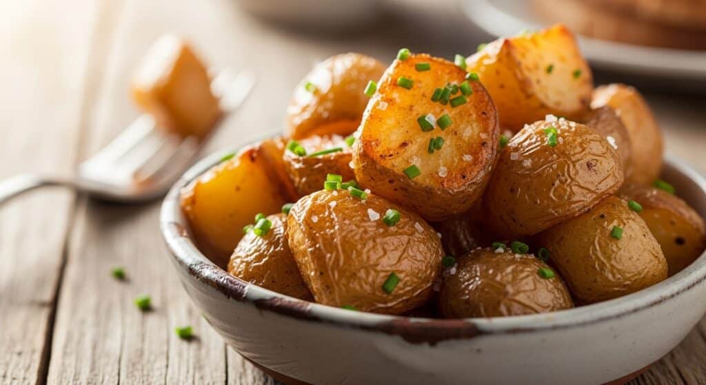 Chopped air fryer potatoes cooked crispy for a healthy breakfast side.