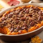Southern Maple Sweet Potato Casserole topped with golden marshmallows and pecans, perfect for Thanksgiving