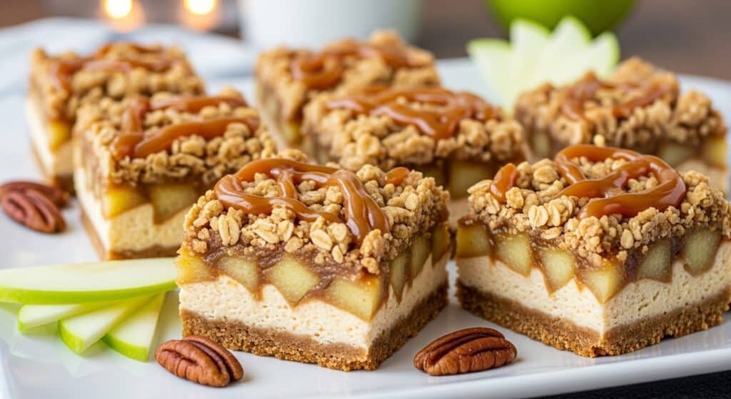 Slice of Caramel Apple Cheesecake Bars on a plate with whipped cream