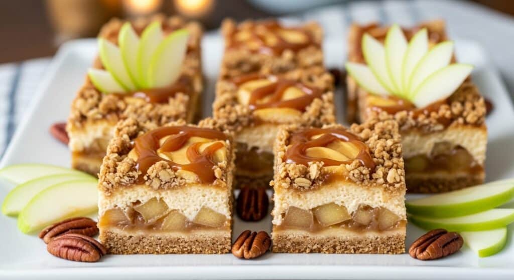 Golden Caramel Apple Cheesecake Bars with streusel topping on a baking tray