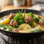 Easy Zuppa Toscana Soup made with turkey sausage, potatoes, kale, and creamy broth — comforting Italian soup recipe