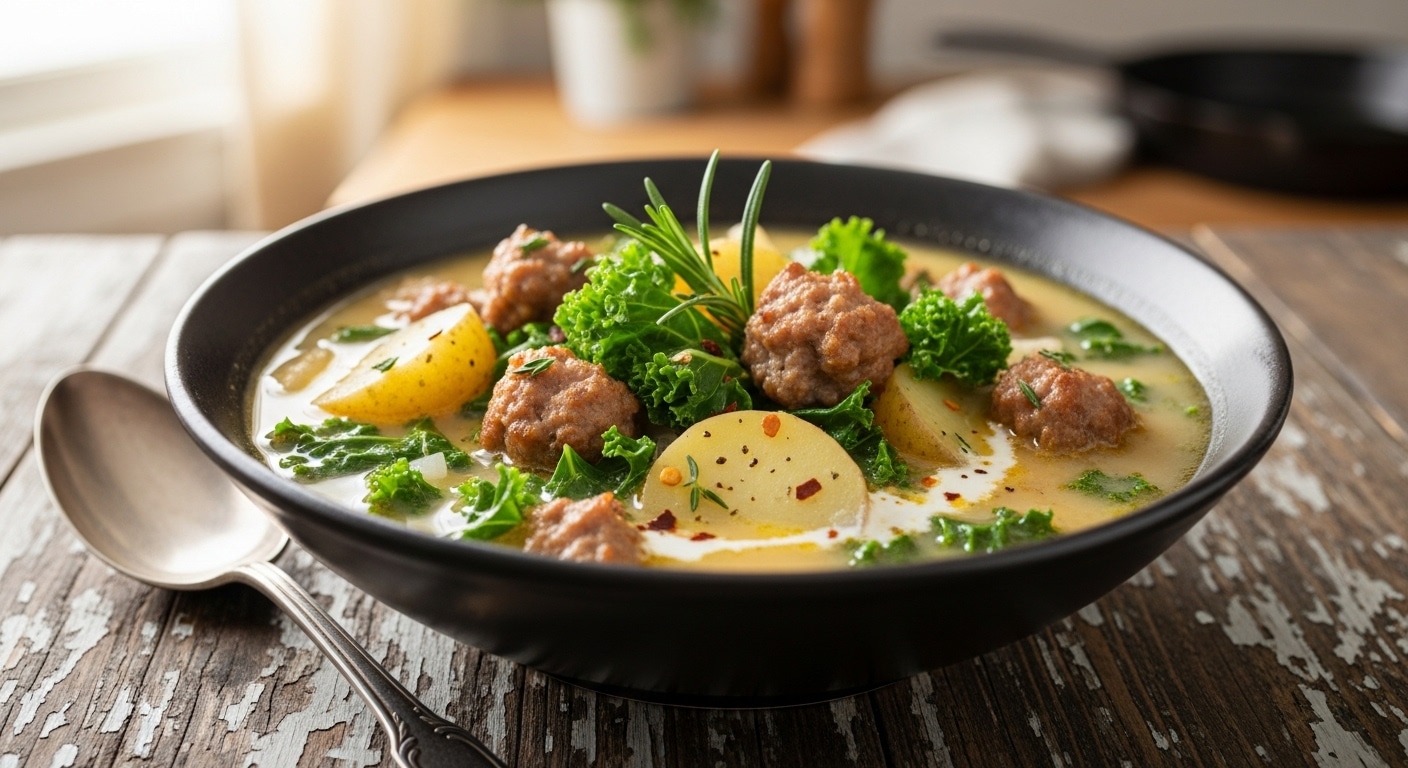 Easy Zuppa Toscana Soup made with turkey sausage, potatoes, kale, and creamy broth — comforting Italian soup recipe
