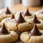 Soft homemade Peanut Butter Blossoms recipe with chocolate centers on a holiday baking sheet