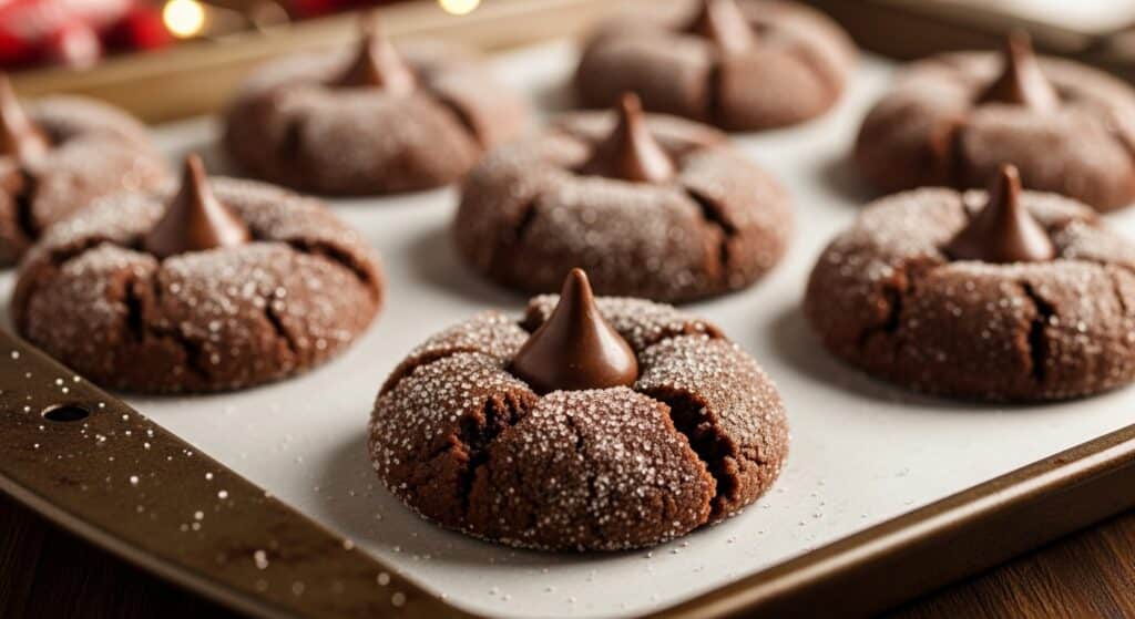 Chocolate Peanut Butter Blossom Cookies topped with Hershey’s Kisses on a holiday plate