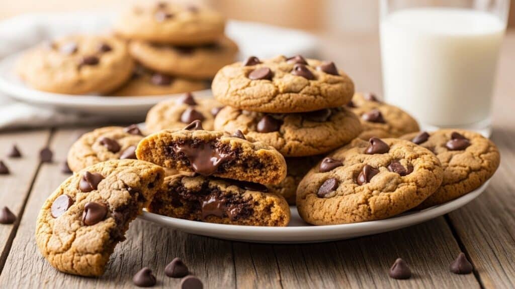Overhead view of soft, chewy chocolate chip cookies with melty chocolate.
