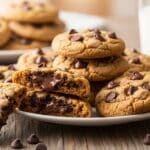 Overhead view of soft, chewy chocolate chip cookies with melty chocolate.