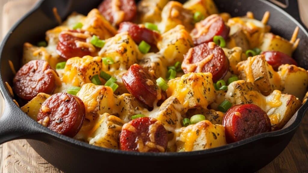 Cheesy Ranch Potatoes and Smoked Sausage baked in a casserole dish