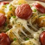 Cheesy Ranch Potatoes and Smoked Sausage baked in a casserole dish