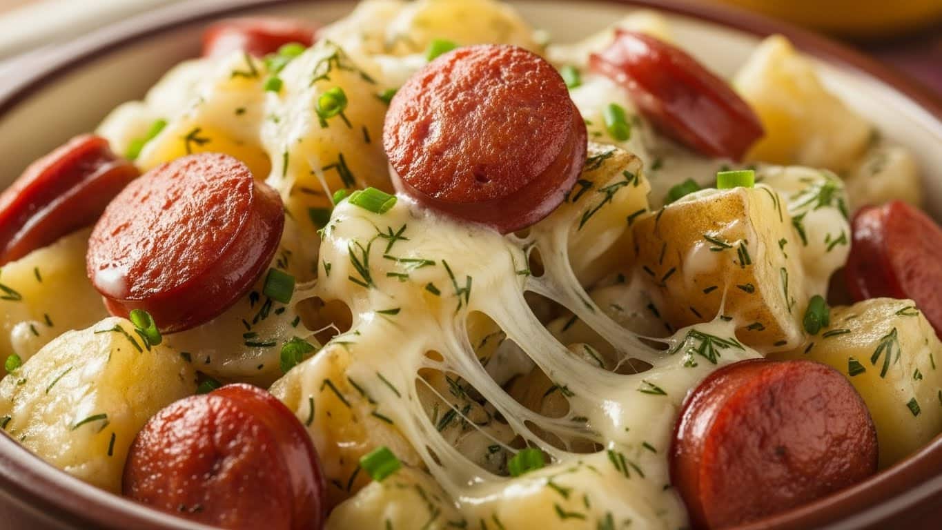 Cheesy Ranch Potatoes and Smoked Sausage baked in a casserole dish