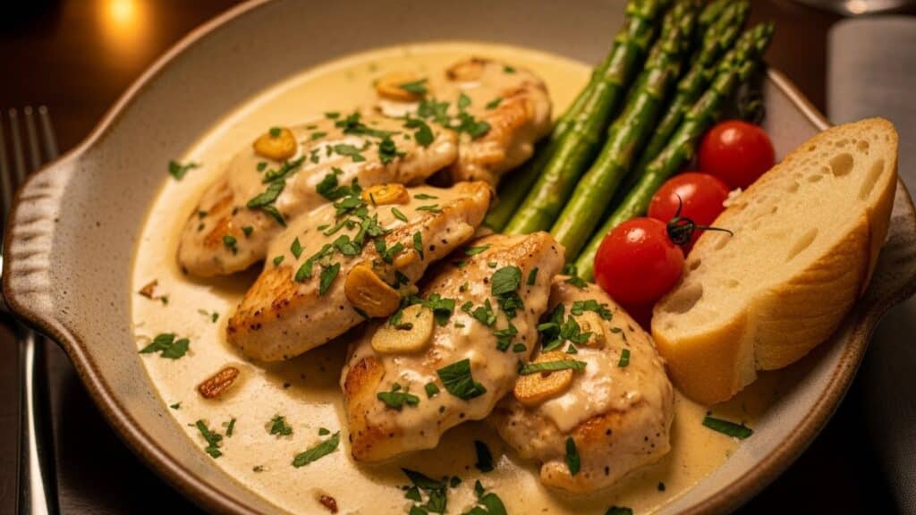 Creamy Garlic Chicken in a skillet with parsley garnish