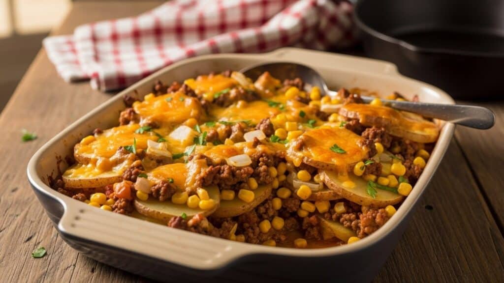 Hobo Casserole (ground beef recipe) baked with potatoes and cheese.
