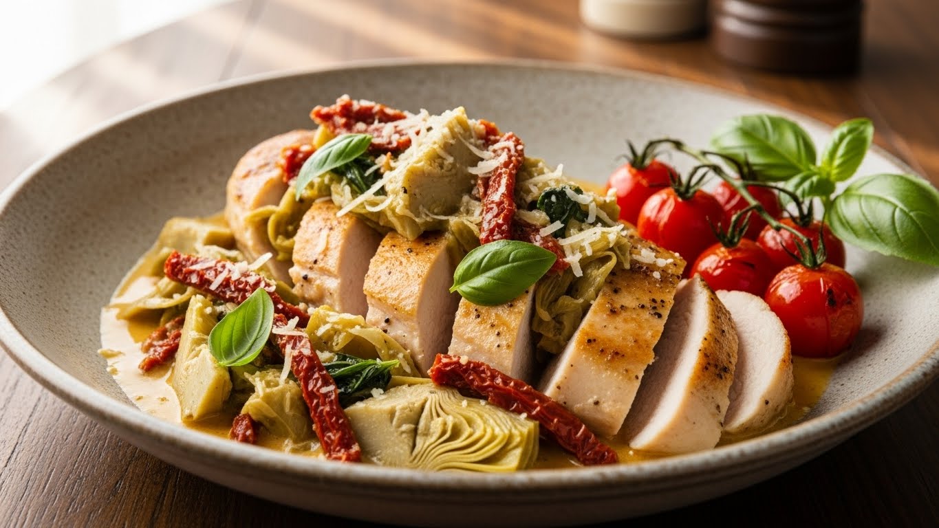 Artichoke and sun-dried tomato chicken served as a Healthy recipes dinner recipe.