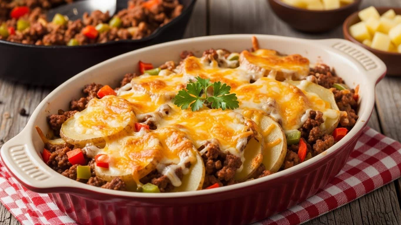 Hobo Casserole (ground beef recipe) baked with potatoes and cheese.