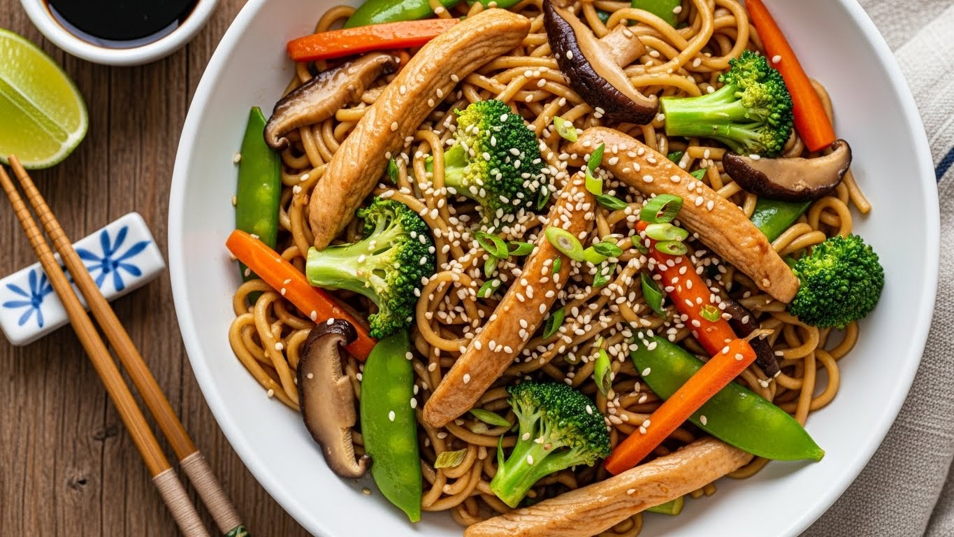 Easy Chicken Lo Mein Recipe served in a bowl