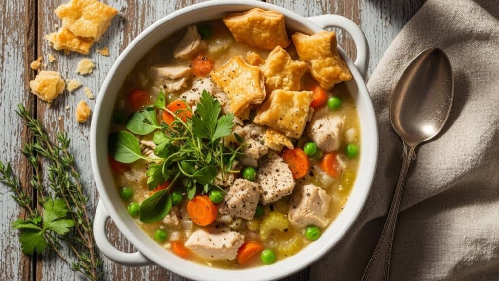 Creamy Chicken Pot Pie Soup Recipe with vegetables and biscuits