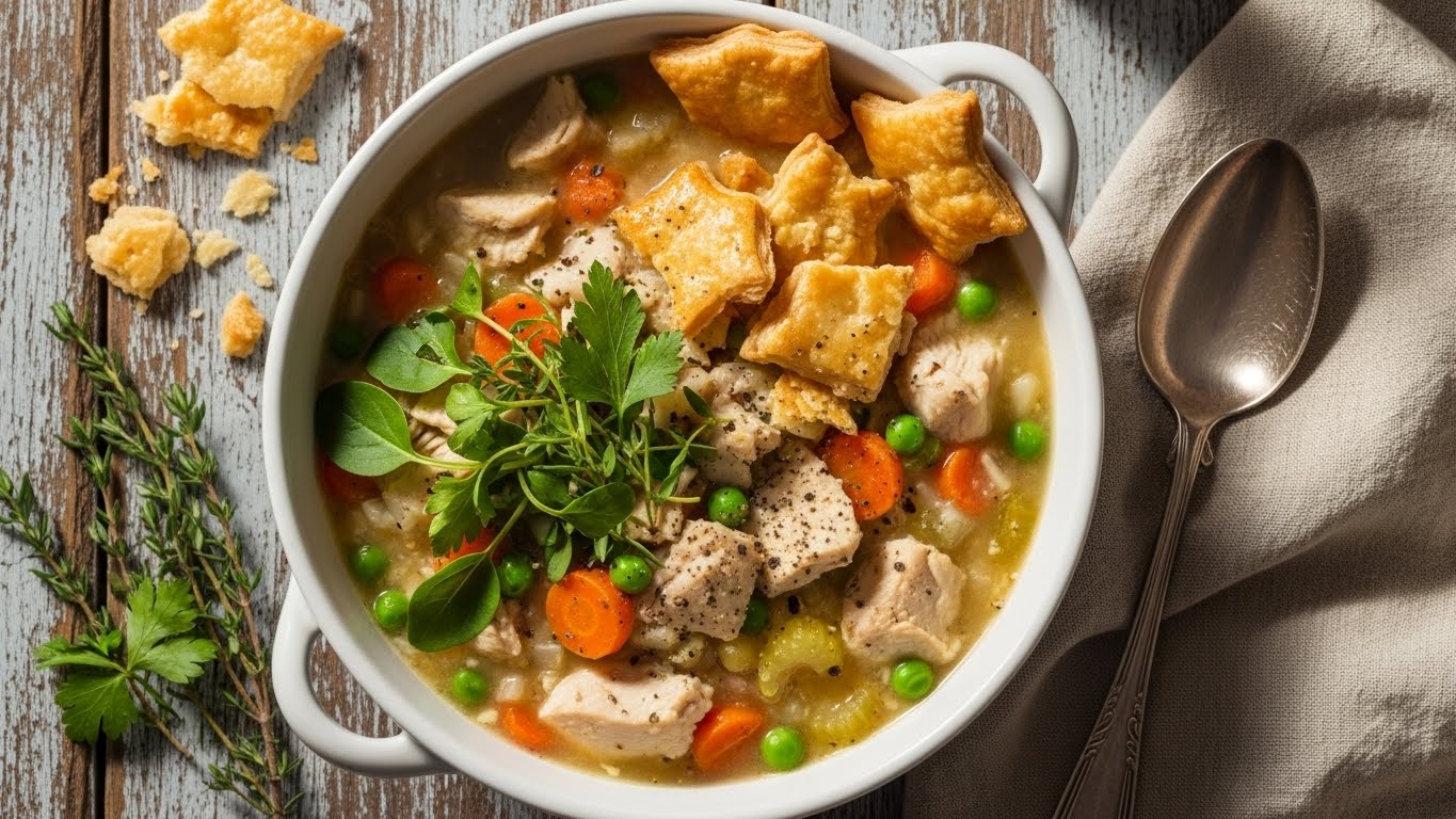 Creamy Chicken Pot Pie Soup Recipe with vegetables and biscuits
