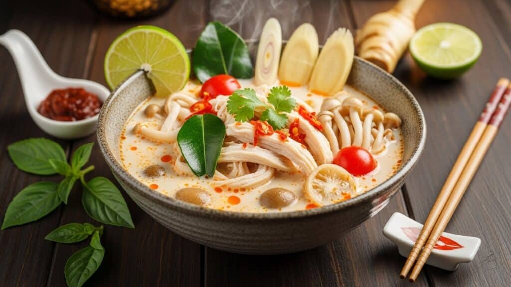 Bowl of easy Thai chicken soup with rice noodles