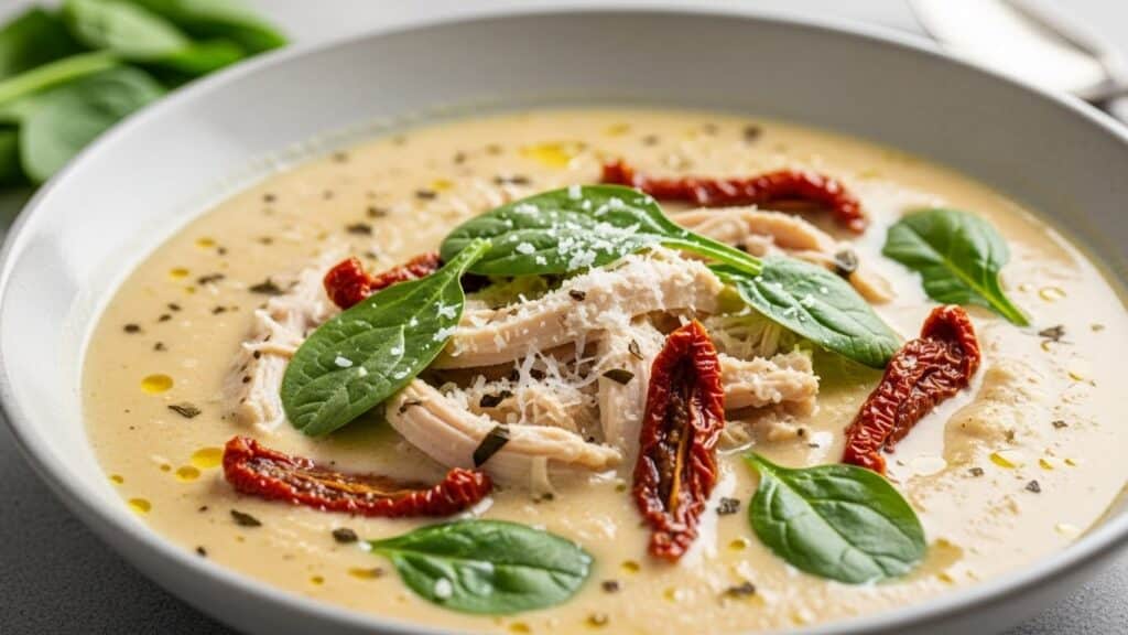 Creamy Marry Me Chicken Soup in a Dutch oven with pasta and cheese