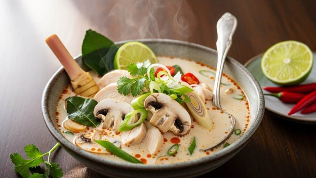 Bowl of easy Thai chicken soup with rice noodles