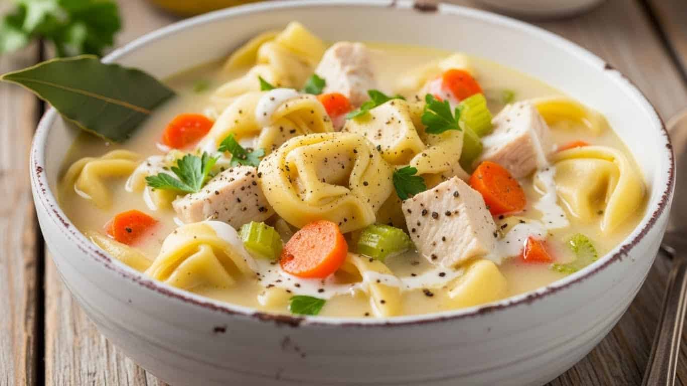 Chicken Tortellini Soup Recipe with tender chicken, cheese tortellini, carrots, and herbs in a cozy broth.