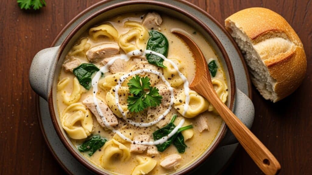 Chicken Tortellini Soup Recipe with tender chicken, cheese tortellini, carrots, and herbs in a cozy broth.