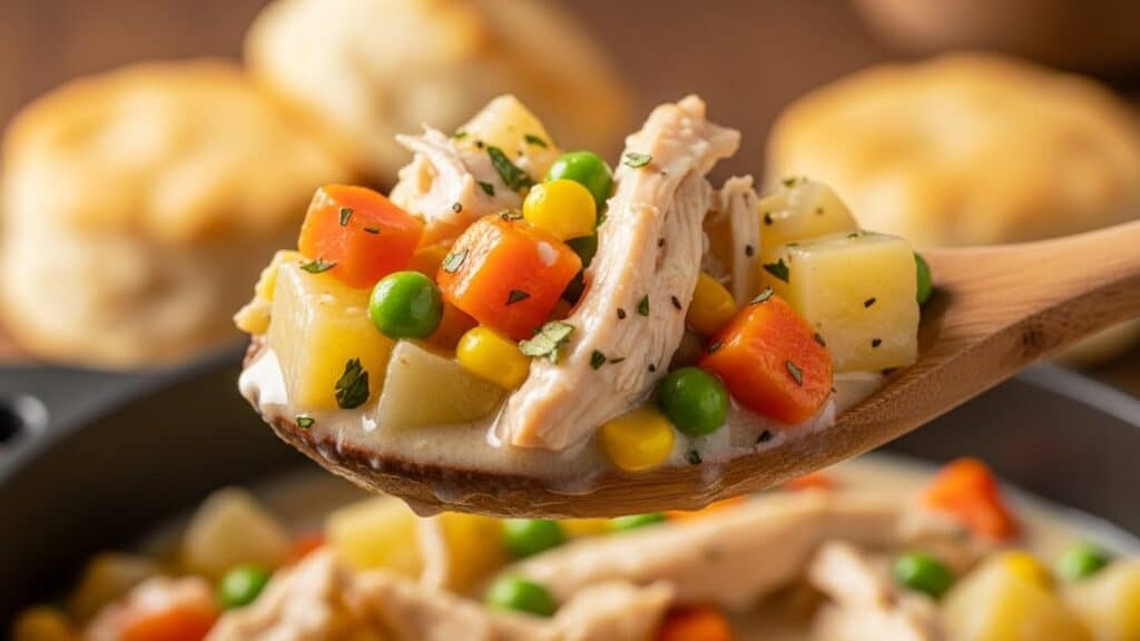 Crockpot chicken pot pie served with biscuit