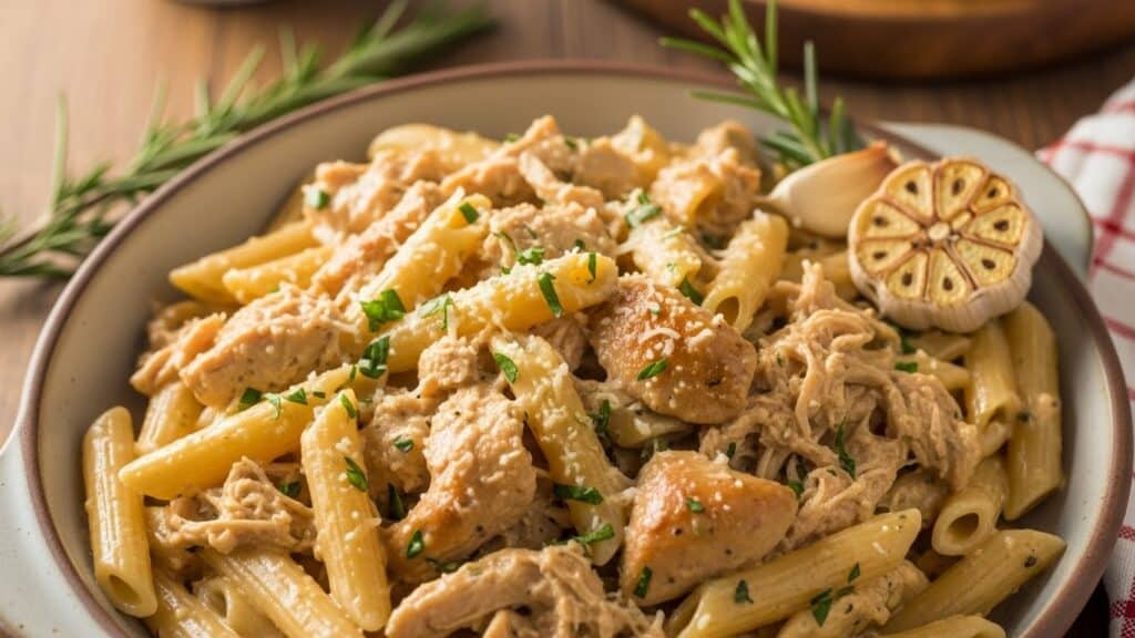 Creamy garlic parmesan chicken pasta in crockpot