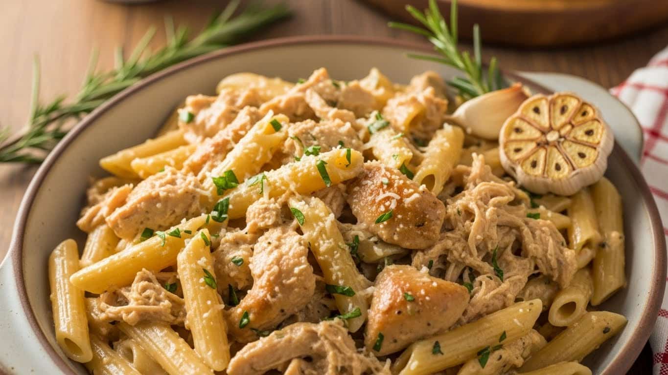 Creamy garlic parmesan chicken pasta in crockpot