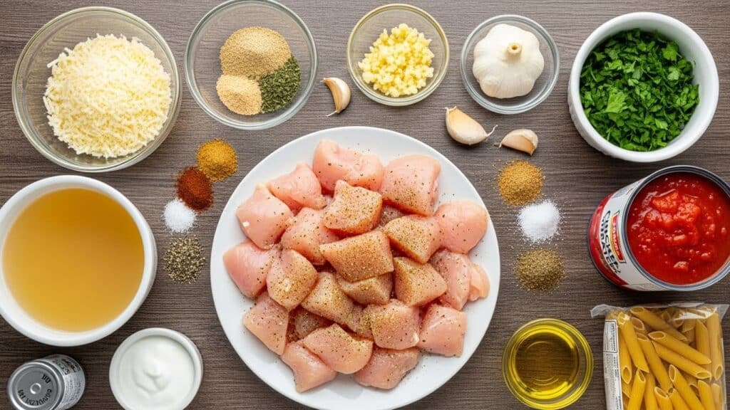 Creamy garlic parmesan chicken pasta in crockpot