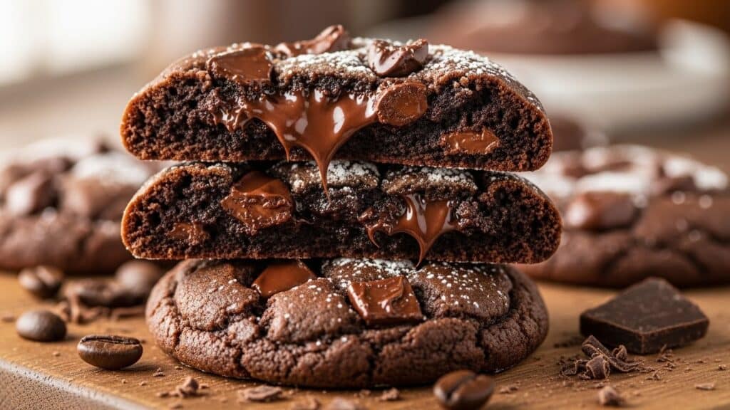 Espresso chocolate chip cookies with browned butter and dark chocolate chunks on a baking sheet